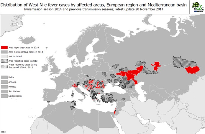 Distribution des cas de Fièvre de West Nile dans les régions affectées d’Europe et du bassin méditerranéen