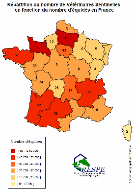 Répartition vétérinaires sentinelles / nombre équidés France - RESPE 